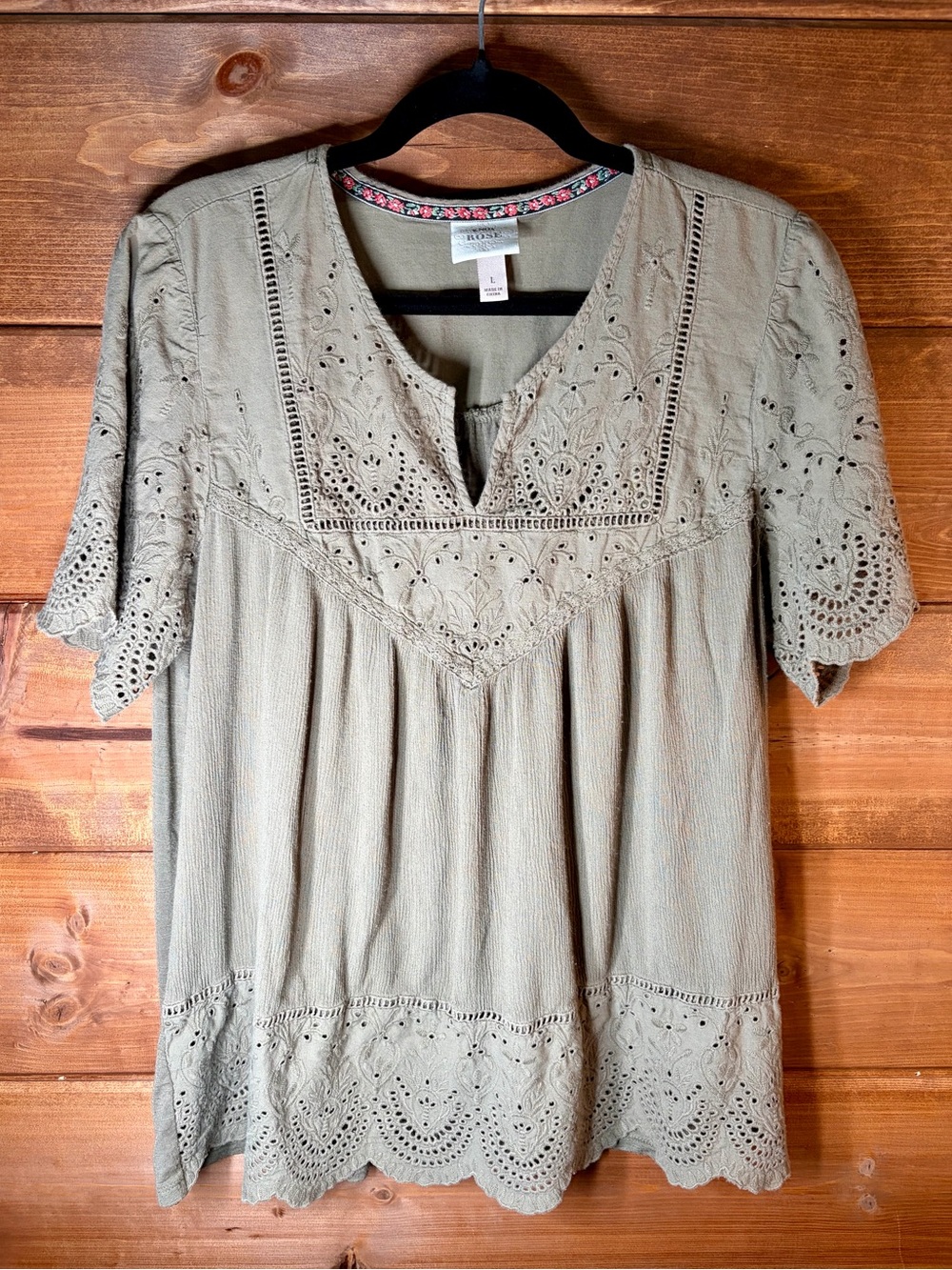 Knox Rose Olive Green Eyelet Crochet Boho Short Sleeve Top Size Large